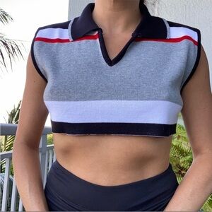 Spunky Vintage Gray Black White Stripe Collar Vest Crop Top S